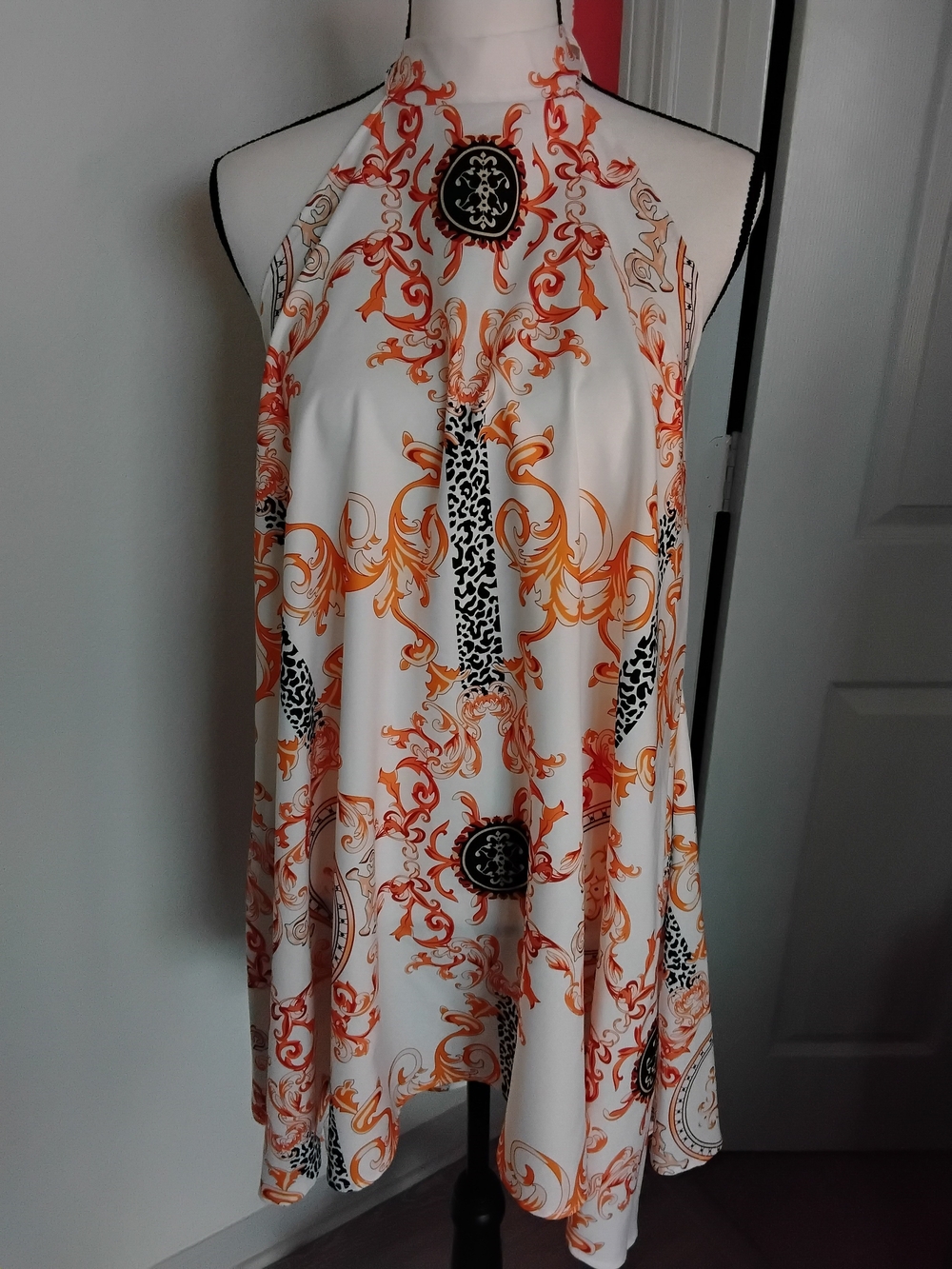 Unk White Mini Dress with Orange Baroque Print and Black Accents